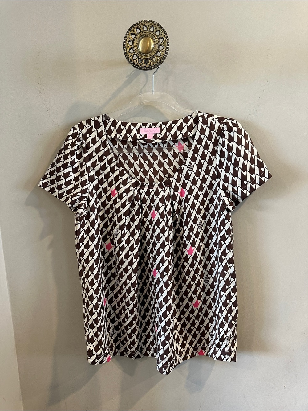 Lilly Pulitzer Brown, White & Pink Geometric Short Sleeve Blouse